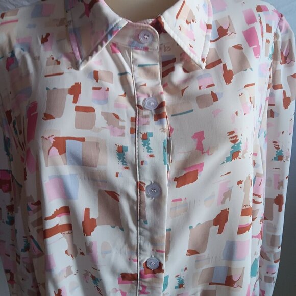 2XL Vintage 80s Abstract Print Blouse With Down Slinky Polyester Pleated Back De - Picture 2 of 7